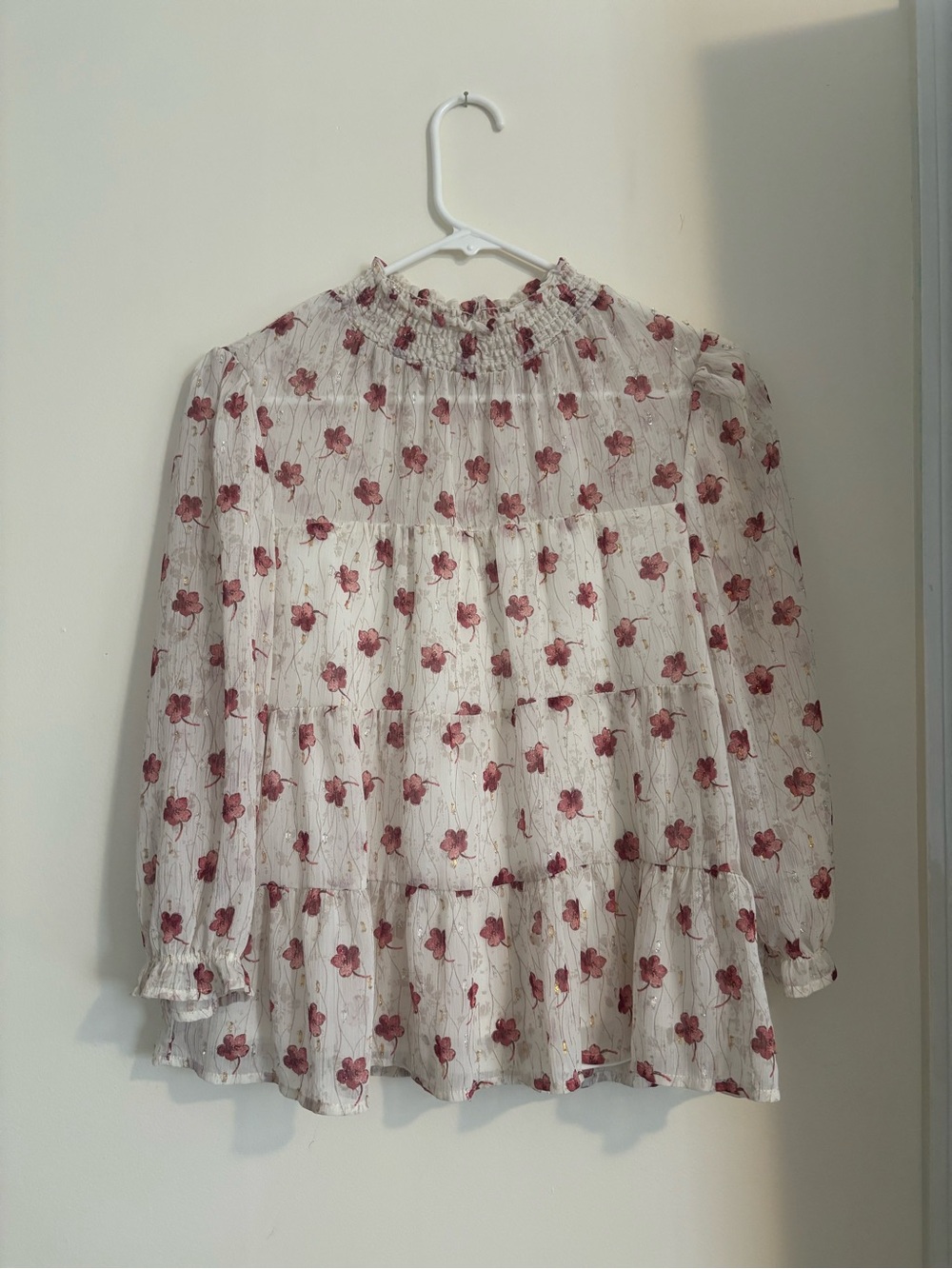 Monteau Cream Blouse with Pink Floral Print and Gold Detailing